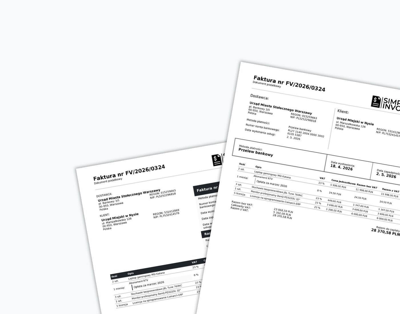Przykład profesjonalnej faktury utworzonej za pomocą Simple Invoicing